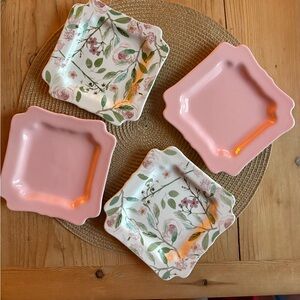 Sweet Laurel Floral and Pink Square Dessert Plates Set EUC